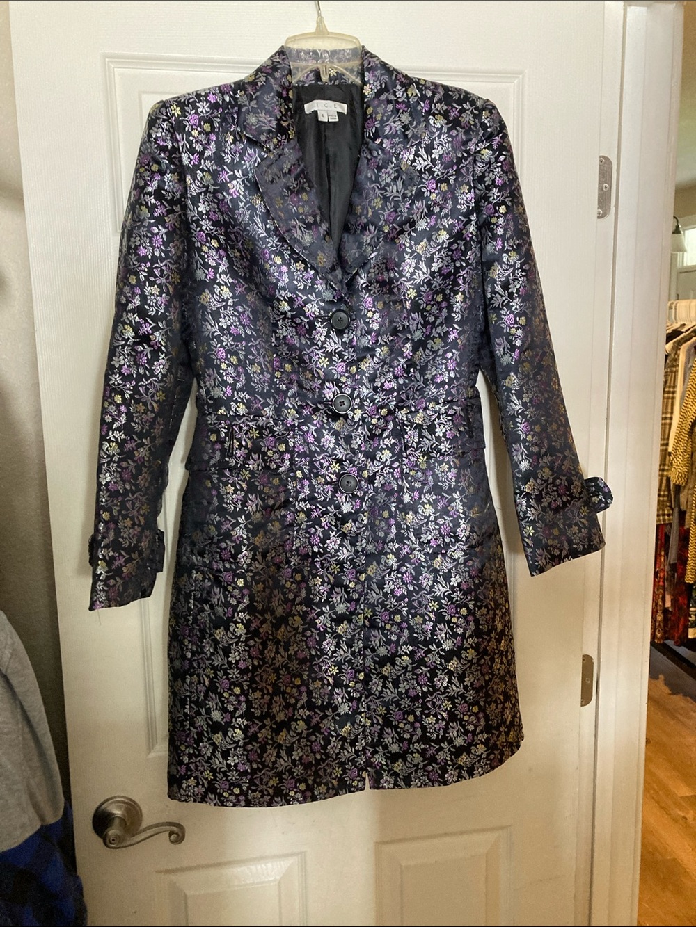 Ice Black Floral Brocade Trench Coat with Purple Accents